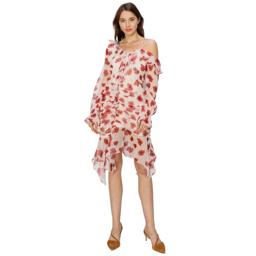 MELLODAY White Off-Shoulder Mini Dress with Red Floral Print